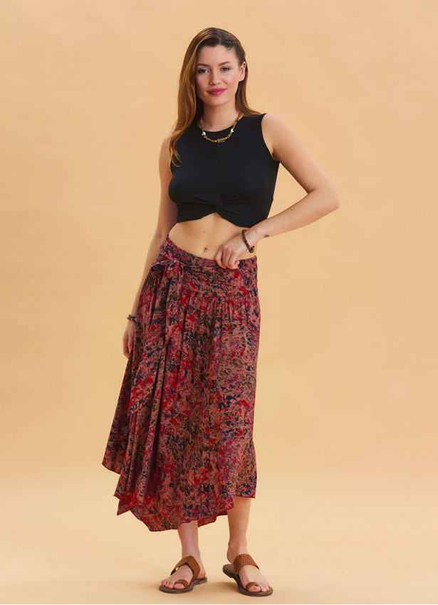 Red Patterned Bohemian Skirt with Gipe Detail and Tied Waist 4507